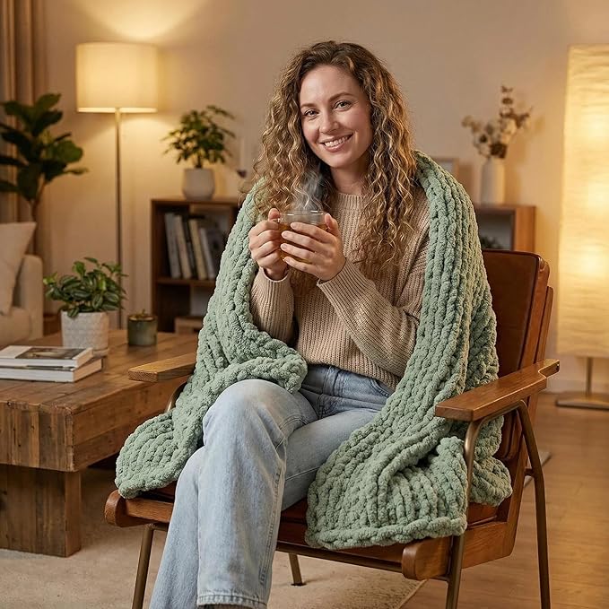Amélie Home Chunky Knit Throw Blanket for Couch, Soft Chenille Crochet Blanket for Children, 40"x50", Sage Green