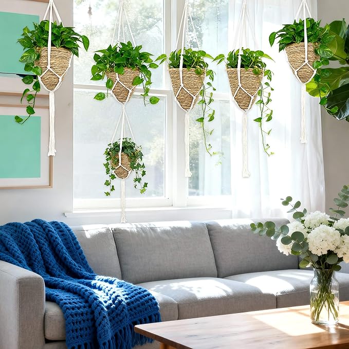 Macrame Plant Hanger - 5 PCS Hanging Planters for Indoor Plants Outdoor Decorative Flower Pot Holder Wall Decor Living Room Boho Home Decor Set of 5 35"/41"/55" 3 Size Pots Not Included
