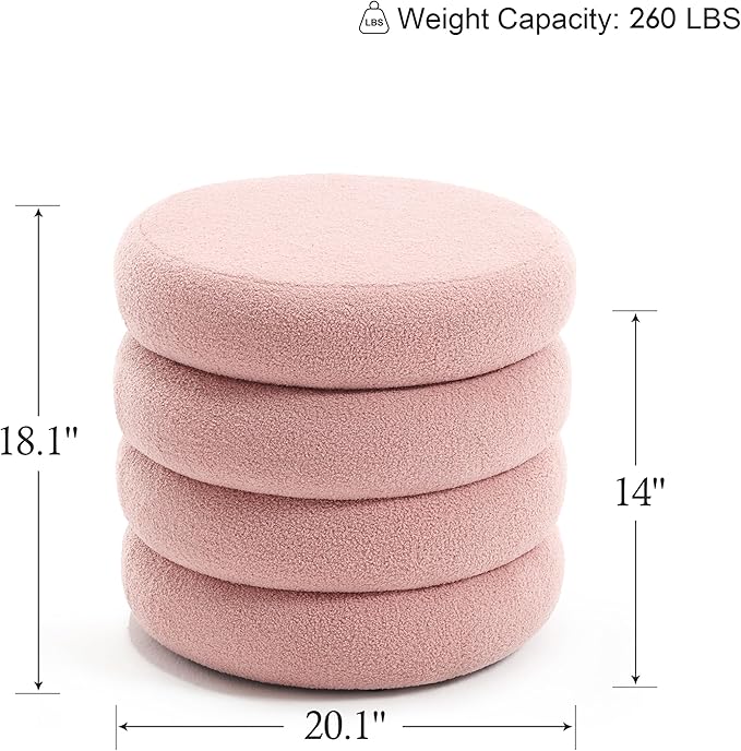 Boucle Ottoman with Storage Pink, Small Round Footrest Stool with Removable Lid, Upholstered Sherpa Vanity Chair for Bedroom Entryway