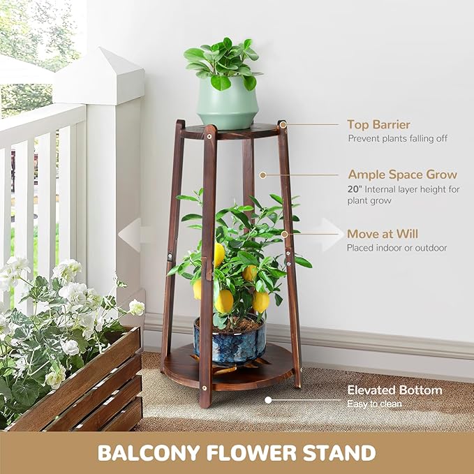 2 Tier Round Plants Stand Pedestal Indoor ,Wood Single Plant Shelf Corner,12 Inch Plant Pot Holder Rack ,Tall Flower Stands Shelves for Living Room Patio Balcony Outdoor,Rustic,Walnut