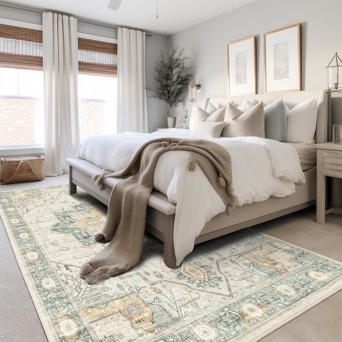 6x9 Rug, Stain Resistant Washable Area Rugs with Anti-Slip Backing, Vintage Rug, Large Bedroom, Living Room Rugs, Foldable Soft Rug (Green/Light Grey, 6'x9')