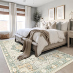 6x9 Rug, Stain Resistant Washable Area Rugs with Anti-Slip Backing, Vintage Rug, Large Bedroom, Living Room Rugs, Foldable Soft Rug (Green/Light Grey, 6'x9')
