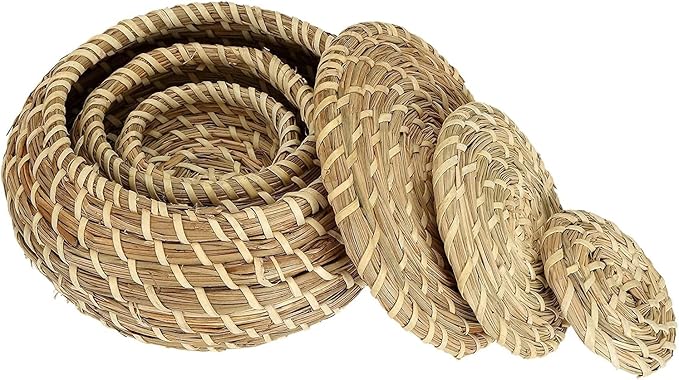 Dicunoy Set of 3 Small Wicker Basket with Lid, Round Woven Seagrass Baskets, Little Handmade Rattan Storage Basket Box for Shelf, Home, Bathroom Decor
