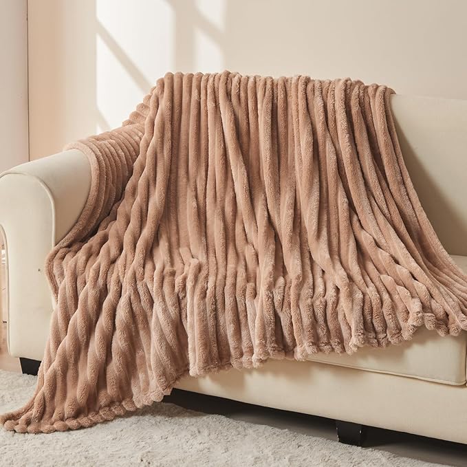 NEWCOSPLAY Super Soft Throw Blanket Taupe Premium Silky Flannel Fleece 3D Ribbed Jacquard Lightweight Bed Blanket All Season Use (Taupe Ribbed, Throw(50"x60"))