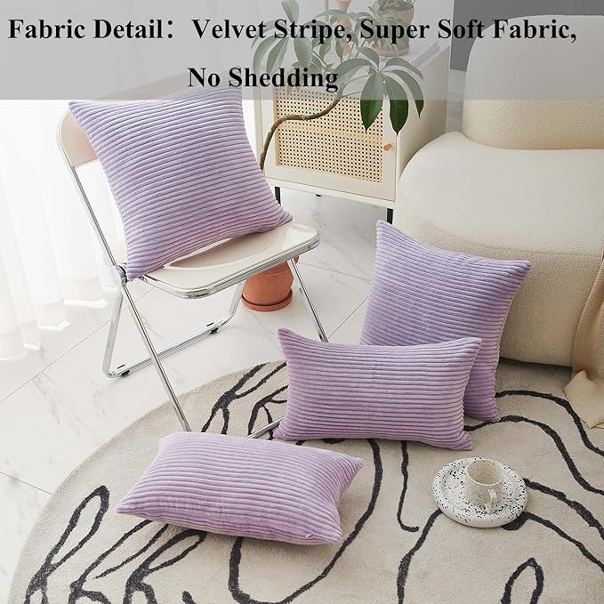 Home Brilliant Light Purple Pillow Covers 18x18 Set of 2 Striped Corduroy Throw Pillow Covers Cushion Covers for Office Couch Chair Bedroom, 18x18 Inch, Lavender