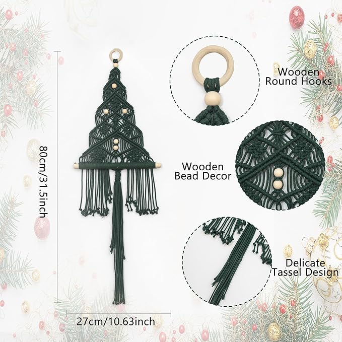 HVEST Green Macrame Christmas Tree Wall Hanging, Dark Green Ornaments for Xmas Tree Handmade Woven Tapestry for Bedroom Boho Christmas Gifts Macrame Wall Art for Living Room Decorations, 32L X 11W