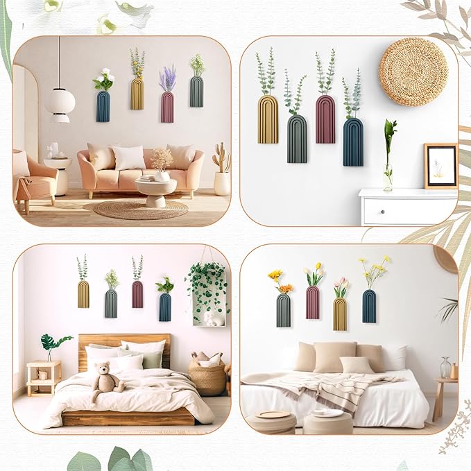 4 Pack Wood Wall Planter Indoor Wall Decor Plant Holders Boho Hanging Planter Vases for Modern Farmhouse Living Room Bedroom Rainbow Decor (Morandi Color)