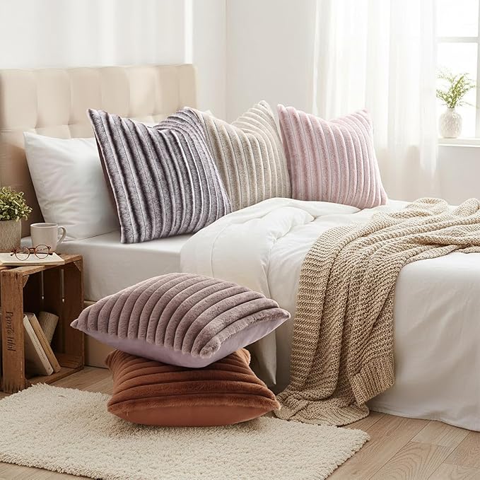 decorUhome Cozy Faux Fur Throw Pillow Covers 24x24 Set of 2 Decorative Soft Plush Striped Modern Farmhouse Boho Couch Euro Sham Pillow Cases with Velvet Back for Sofa Bed Living Room, Brown White