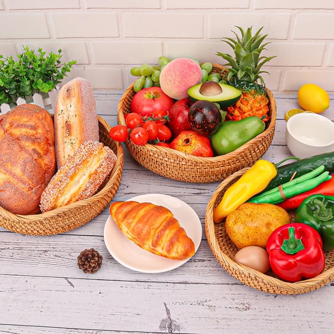 3 PCS Rattan Bread Basket - 3 Size Authentic Handmade Decorative Woven Baskets for Kitchen, Round Rattan Fruit Baskets Bowls for Table, Kitchen Decor