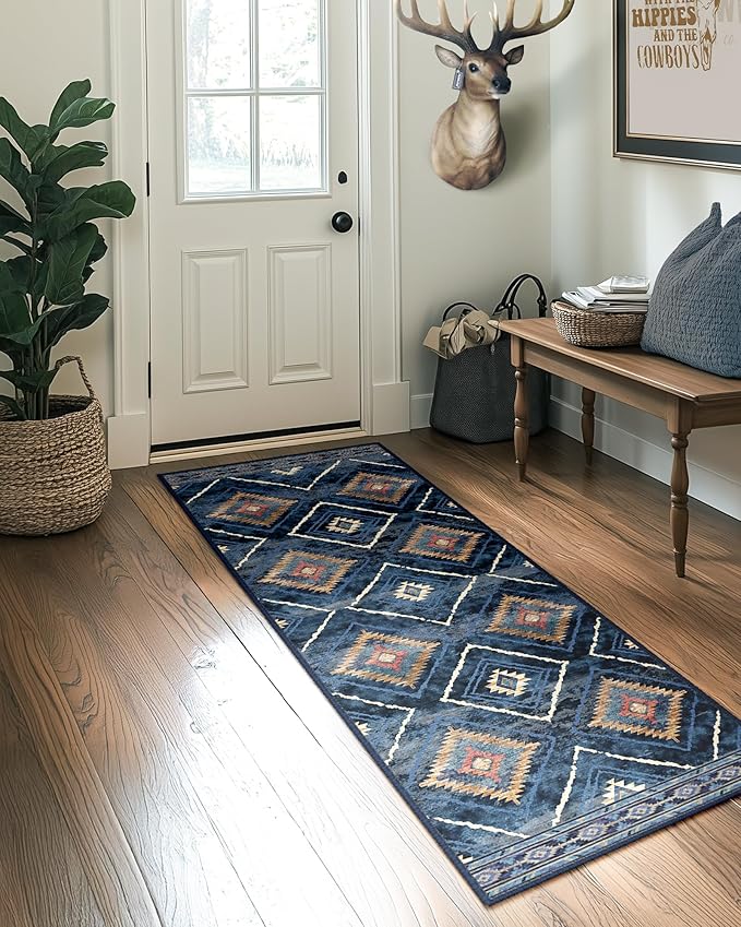 Area Rug 2x8 Rug Machine Washable Non-Slip Low Pile Print Pattern Western Rug for Living Room Bedroom Entryway Tribal Series -Darkblue