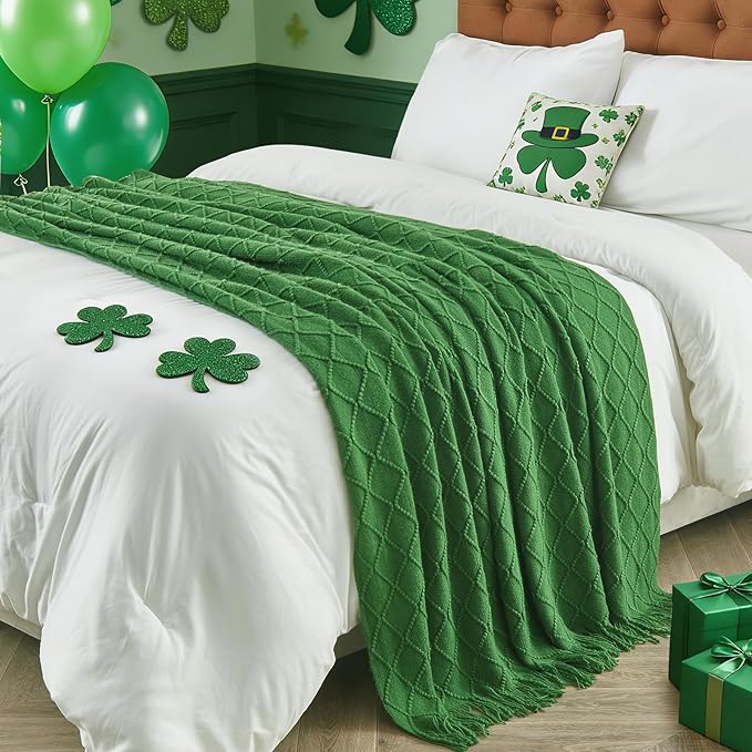 inhand Green Knitted Throw Blanket for Couch and Bed, St. Patrick’s Day Lucky Spring Gifts Throw for Her or Him, Soft Farmhouse Woven Blanket with Tassel, Lightweight Decorative, 60"x80"