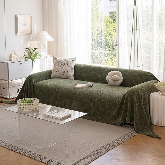 ROOMLIFE Green Sofa Cover, Vintage Boho Couch Cover for 3 Cushion Sofa, Non Slip Soft Chenille Sofa Slipcovers for Dog, Washable Furniture Sofa Protector Cover with Tassel for Living Room, 71''X118”