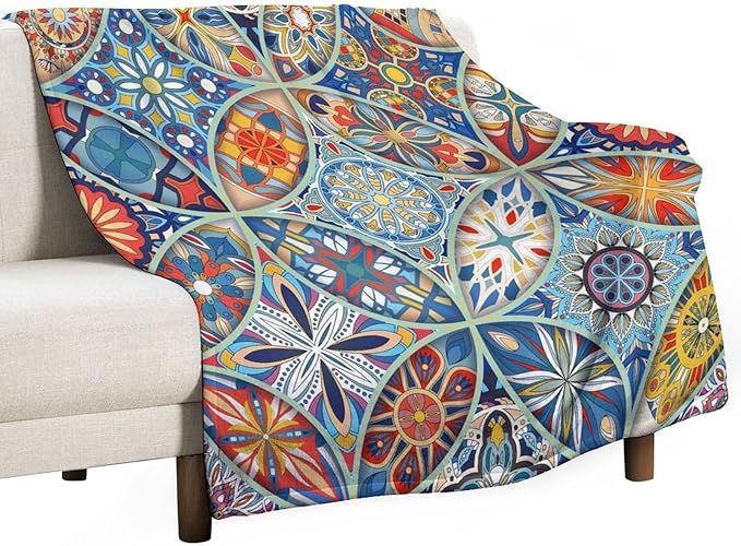 Boho Floral Throw Blanket Colorful Bohemian Mandala Blanket for Sofa Bed Couch Chair Or Dorm 70"x80"