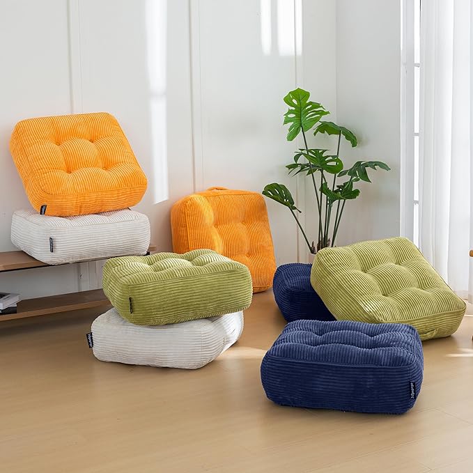 HIGOGOGO 8" Extra Thick Floor Pillow Cushion for Adults, Meditation Cushion Pillow, Large Square Floor Sitting, Tufted Corduroy Cover, for Tatami Living Room or Yoga, 22x22 Inch, 2Pack, Navy