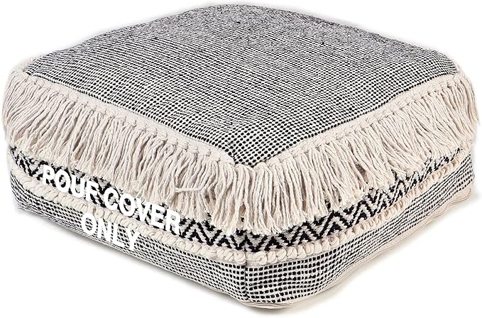 REDEARTH · UNSTUFFED Pouf Ottoman Cover Textured Storage Cube Boho Bean Bag Footrest Stool for Living Room, Bedroom,Nursery, Farmhouse, Kidsroom, Patio, Gym; 100% Cotton (20"X20"X8"; Black)