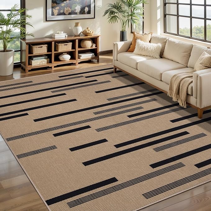 Tangsoo Modern Easy Jute Rug 5x7 Large Washable Area Rugs for Dining Room Table,Non-Slip Thin Stripe Indoor Outdoor Rug,Farmhouse Natural Throw Mat for Living Room Office Backyard Patio Bedroom