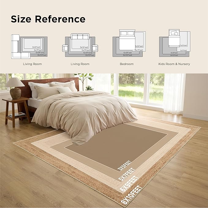 Bedsure 8x10 Printed Jute-Look Rug for Living Room, Machine Washable Rugs, Jute-Look Rug, Non-Slip Backing, Non-Shedding
