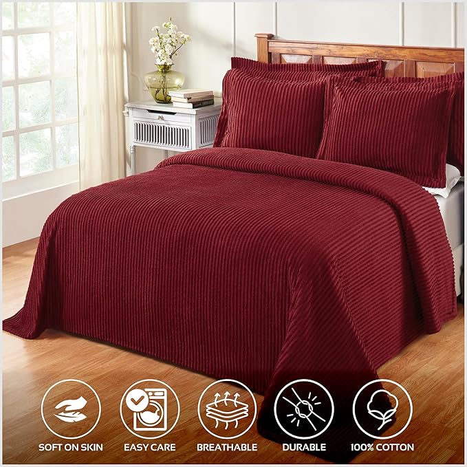 Better Trends Chenille Bedspreads Full/Double Size, Burgundy 100% Cotton Chenille Stripe Design Tufted Bedding Coverlet Soft Lightweight, 81"x110" 1 Pieces Jullian Collection