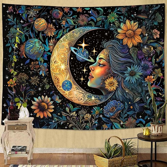 Accnicc Sun and Moon Tapestry for Bedroom Hippie Boho Floral Flower Plant Wall Tapestry Aesthetic Vintage Galaxy Celestial Star Spiritual Large Tapestries Wall Hanging for Living Room Dorm 48 x 36 Inch