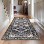 Lessymo 2 x 6 Runner Rug,Machine Washable Area Rugs Boho Faux Wool Low Pile Area Rug for Bedroom, Floral Medallion Vintage Rugs with Non-Slip Rubber,Black Brown