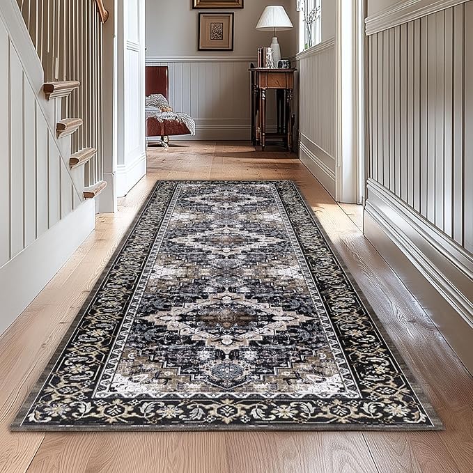 Lessymo 2 x 6 Runner Rug,Machine Washable Area Rugs Boho Faux Wool Low Pile Area Rug for Bedroom, Floral Medallion Vintage Rugs with Non-Slip Rubber,Black Brown