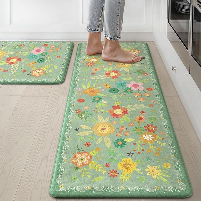 GENIMO Kitchen Mats for Floor 2PCS, Cushioned Kitchen Rugs Non Slip Washable, Farmhouse Anti Fatigue Mat Waterproof, Comfort Standing Mat Rug for Office, Home, Laundry, 17.3"x47"+17.3"x30", LightGreen