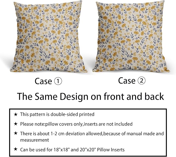 Navy Blue Yellow Floral Pillow Covers 16x16 Set of 2 Vintage Rustic Old Style Cute Small Flower Print Decorative Outdoor Pillowcases Farmhouse Throw Cushion Case Decor for Couch Sofa Bed