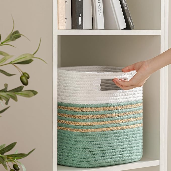 UBBCARE Set of 4 Storage Cubes 13 X 13 X 13 in, Water Hyacinth Storage Bins for Shelves, Toys, Book, Storage Baskets with Handles, Cotton Rope Woven Baskets for Organizing, Green