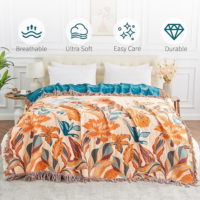 Boho Throw Blanket for Bed-100% Cotton Soft Breathable Farmhouse Decor Boho Quilt for Sofa (Flowers Tulips, 80"x90")