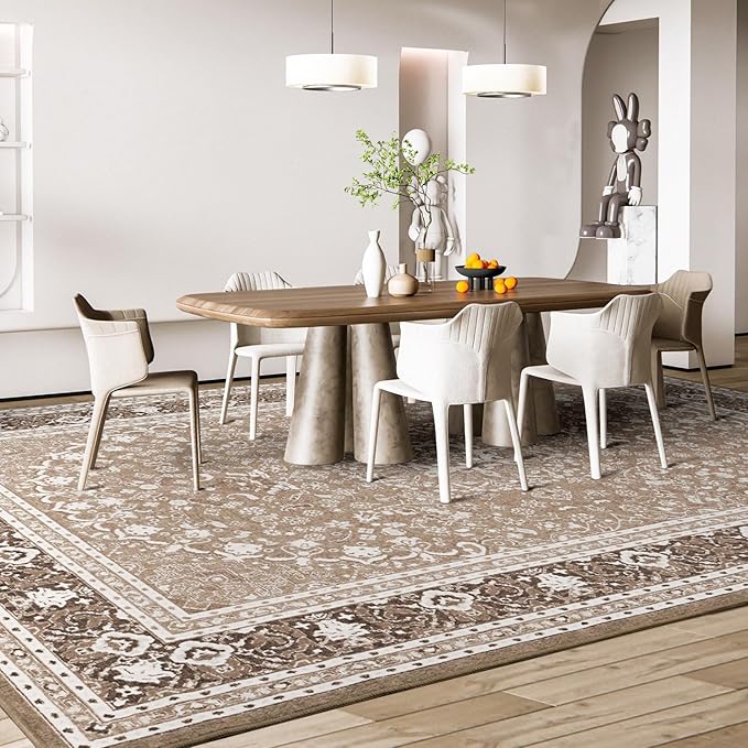 Lessymo 5x7 Area Rugs 5x7, Machine Washable Area Rugs, Super Soft Faux-Wool Area Rug for Living Room Bedroom, Boho Area Rug Vintage Floral Medallion, Non-Slip Low Pile, Kid & Pet Friendly,Brown White