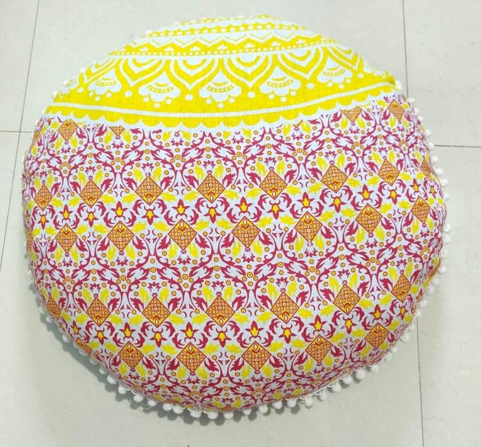 24" Yellow Orange Ombre Mandala Barmeri Large Floor Pillow Cover Cushion Meditation Seating Ottoman Throw Cover Hippie Decorative Zipped Bohemian Pouf Ottoman Pom Pom Cases 24 " round