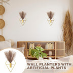 Jexine 2 Pcs Hanging Planters with Artificial Plants Metal Hanging Vase Indoor Plants Holder Modern Geometric Boho Wall Decor for Living Room Home Office(Gold, Brown Pampas)
