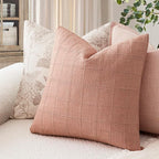 Foindtower Set of 2 Decorative Linen Check Throw Pillow Covers Neutral Farmhouse Vintage Cushion Covers Modern Boho Accent Home Decor for Sofa Chair Couch Bedroom Living Room,24×24 Inch,Coral Pink