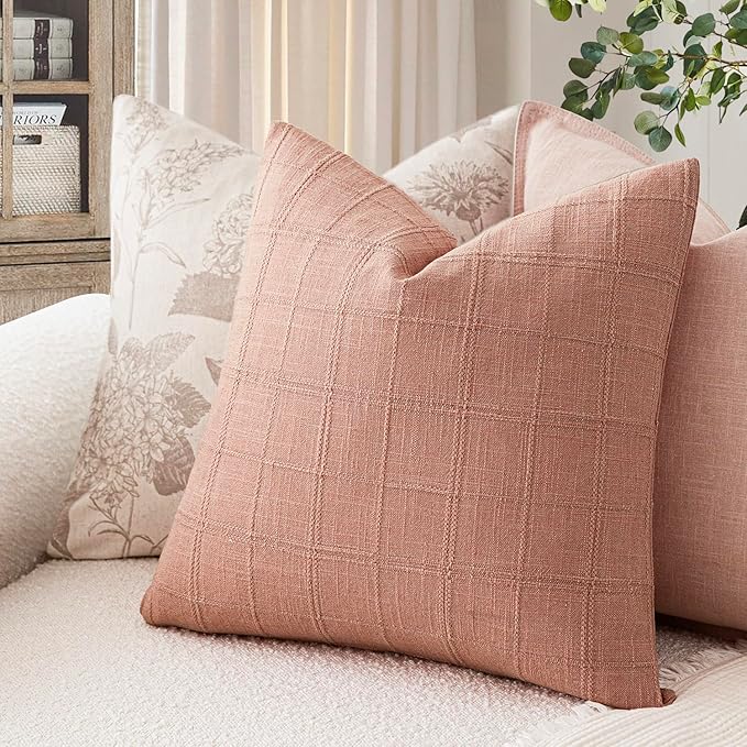 Foindtower Set of 2 Decorative Linen Check Throw Pillow Covers Neutral Farmhouse Vintage Cushion Covers Modern Boho Accent Home Decor for Sofa Chair Couch Bedroom Living Room,20×20 Inch,Coral Pink