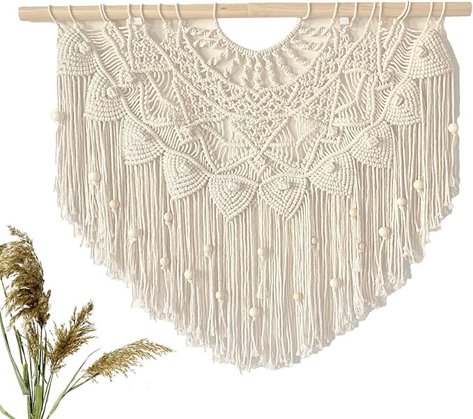 Youngeast Large Macrame Wall Hanging Boho Beaded Curtain for Window Macrame Bedroom Headboard Living Room Wall Art Tassel Tapestry Bohemian Woven Wall Decor 31" W X 25" H (Beige)