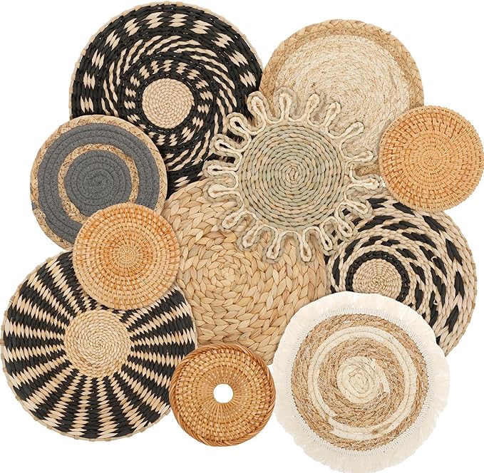 HJJWNDDNG 11 Pack Boho Wall Basket Decor Set, Hanging Woven Seagrass Rattan Wicker Boho Wall Decor, Round Farmhouse Wall Hanging Baskets Rustic Flat Wall Art for Living Room Bedroom Kitchen (Style 5)