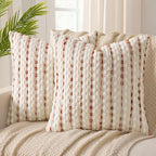 ANRODUO Boho Chenille Textured Tufted Pillow Covers 20x20 Inch Set of 2 Woven Decorative Throw Pillow Covers with Raised Stripes Accent Neutral Pillowcase for Couch Sofa Bed Living Room, Cream Rust