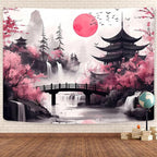 Japanese Anime tapestry, Cool Japan Cherry Blossom Floral Mountain Waterfall Sun Asian Oriental Abstract Ink Art tapestry, Black Pink Nature Landscape Tapestries for Living Room College Dorm, 40X30IN