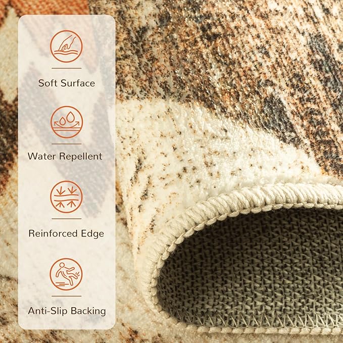 Area Rug 4x4 Rug Machine Washable Non-Slip Low Pile Print Pattern Western Rug for Living Room Bedroom Entryway Tribal Series -Cream/Camel