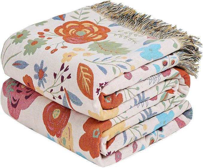 Boho Throw Blanket - 100% Cotton Soft Breathable Spring Throw Blankets, 60"x80" 4-Layer Lightweight Muslin Cotton Quilt, Floral Printed Bohemian Decor Throw Blankets for All Season