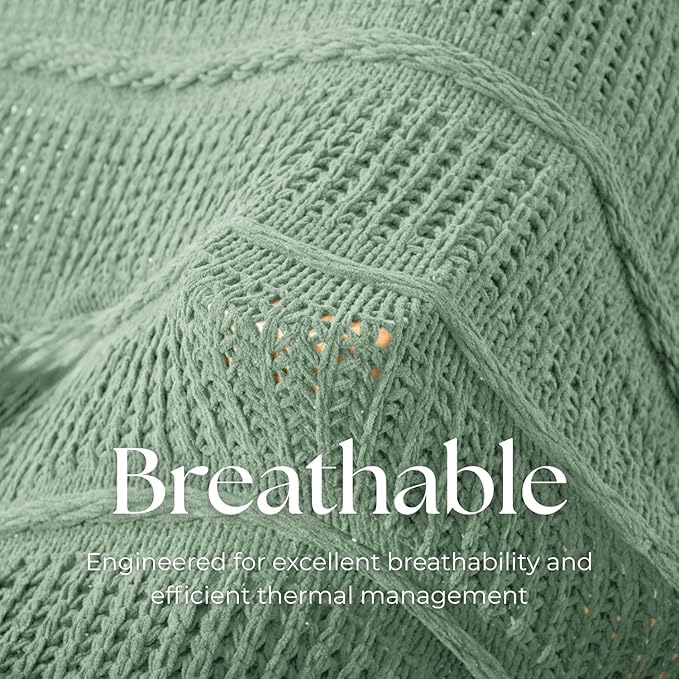 Boho Knitted Chenille Blanket with Tassels - Lightweight & Soft All-Season Throw - 3D Classic Pattern for Living Room Bedroom Couch, Sage Green, Queen 90"x90"