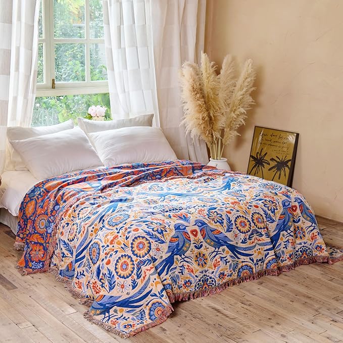 Boho Throw Blanket - 100% Cotton Ultra Soft Muslin Spring Blanket, 60"x80" Lightweight Floral Bird Framhouse Bedding Blanket for Bed, All Season Blue Bohemian Bedroom Home Decor Quilt
