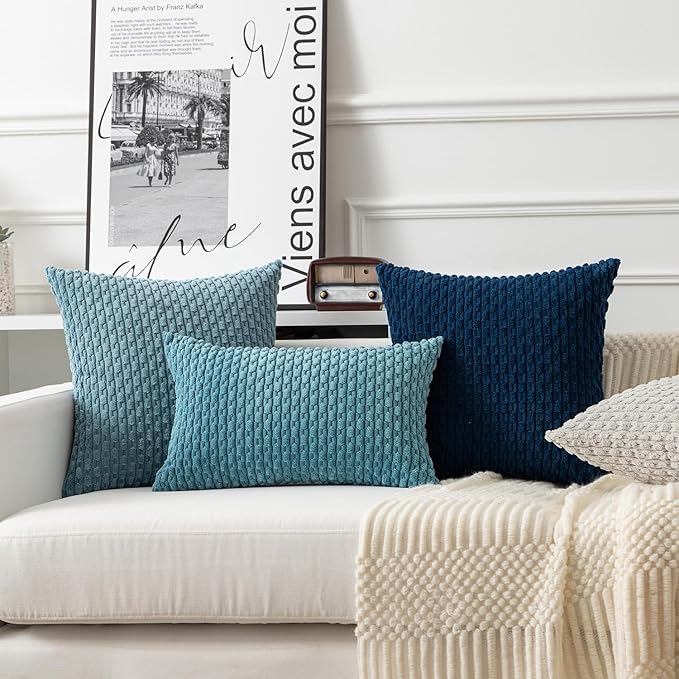 Kevin Textile 14x22 Inch Pillow Cover 1 Pack Boho Decorative Soft Striped Corduroy Lumbar Farmhouse Solid Color Accent Rectangle Cushion Case for Living Room Couch Sofa Bed, Blue Grey