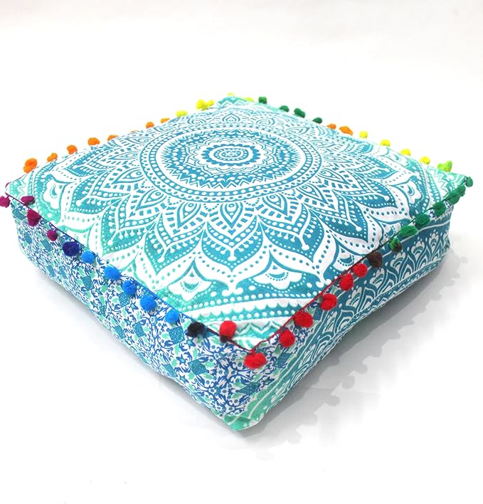 CRAFT KALA Green Ombre Large Hippie Mandala Meditation Floor Ottoman Pillow Cushion Pouf Cover Square Poufs Bohemian Circle Floor Cushion Case Outdoor Fireplace Yoga Living Room Decor Cover 18" Square
