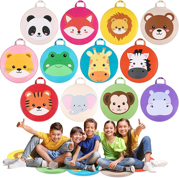 Suzile 12 Pcs Cartoon Kids Floor Cushions for Classroom, Round Flexible Seating with Handle, Soft Waterproof Floor Pillow with Cute Animals Patterns for Home Daycare Preschool Kindergarten, 12 Styles