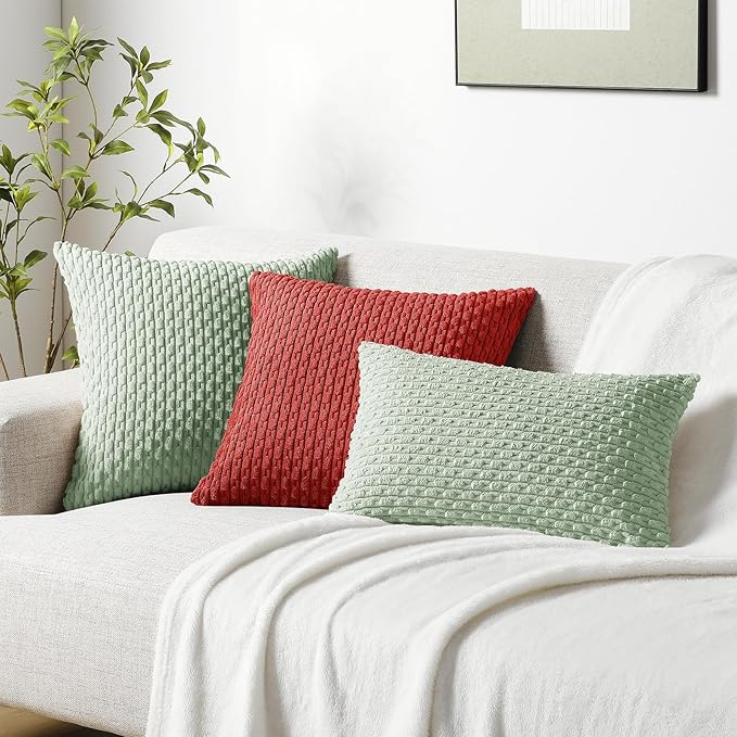 Softalker Throw Pillow Covers 18x18 Inch, Set of 2, Soft Corduroy Boho Stripe Decorative Pillow Cover, Couch Fluffy Pillow Cover for Farmhouse Home Decor Bed Living Room, Red