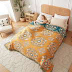 Boho Throw Blanket for Bed 100% Cotton Soft Lightweight Quilt Floral Embroidery Home Decor Spring Breathable Bed Blanket,80"x90" All Season Reversible Yellow Blankets for Sofa Couch Chair