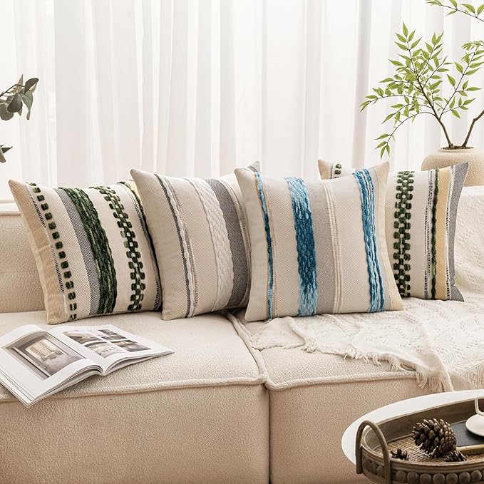 ANRODUO Pack of 2 Boho Decorative Throw Pillow Covers 18x18 Farmhouse Cushion Case Striped Chenille Pillow Cases Square Pillow Covers Accent Neutral Pillowcase for Sofa Couch Bed, Sky Blue Stripe 2