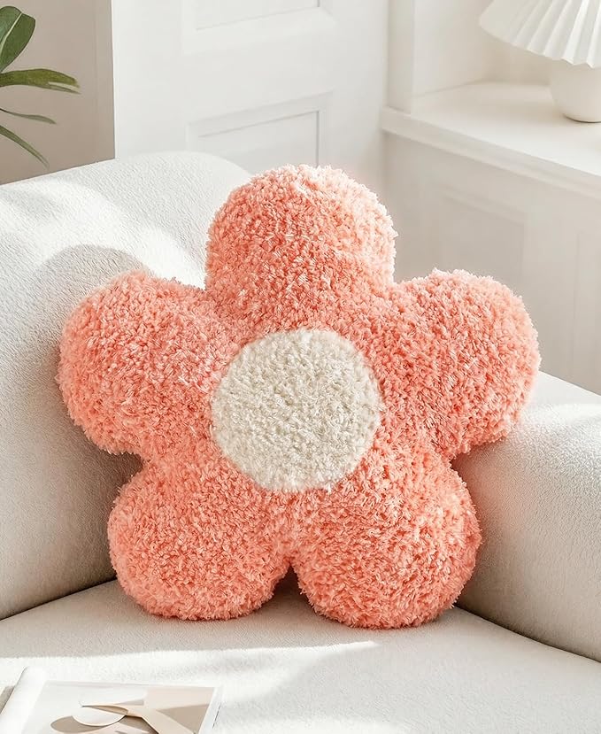 Flower Throw Pillow - Cute Decorative Plush Daisy Shaped Throw Pillow for Couch, Sofa, or Living Room, 14.2" x 14.2" Soft Stuffed Cushion for Home Decor