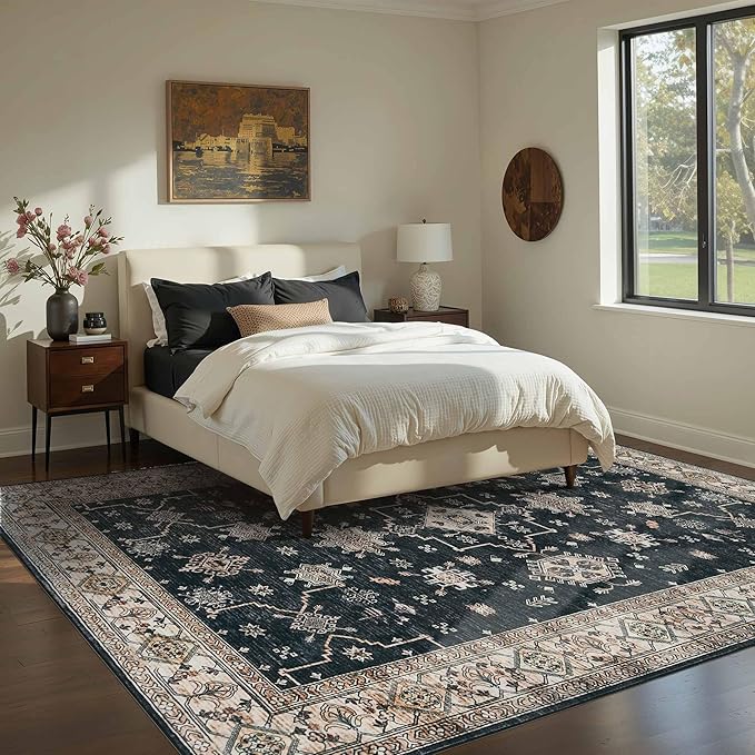 5x7 Area Rugs for Living Room Bedroom, Large Washable Rug, Black Vintage Floral Boho Rug, Non Slip & Low Pile Faux Wool Thin Carpet for Indoor Dining Room and Kids Room(Black 5x7ft)